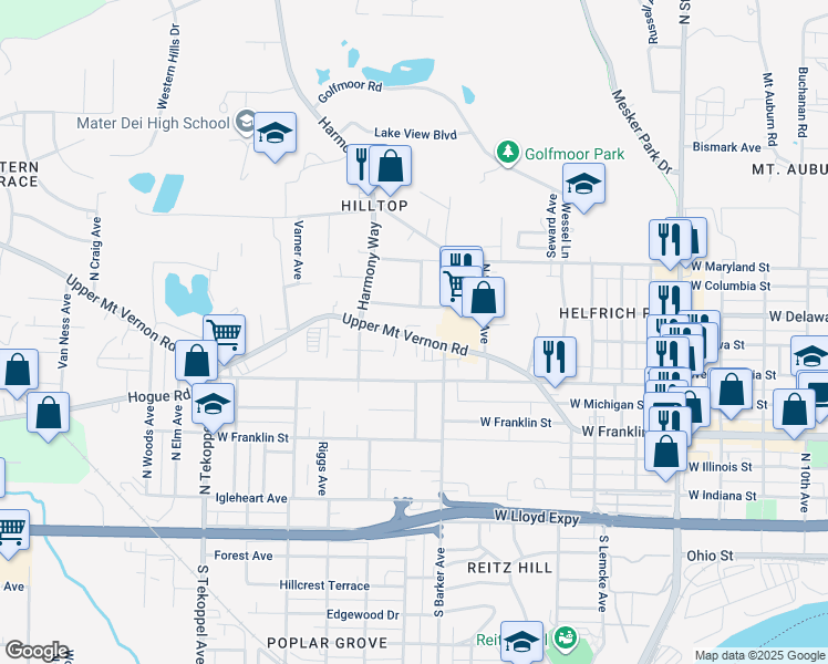 map of restaurants, bars, coffee shops, grocery stores, and more near 2923 Mount Vernon Avenue in Evansville