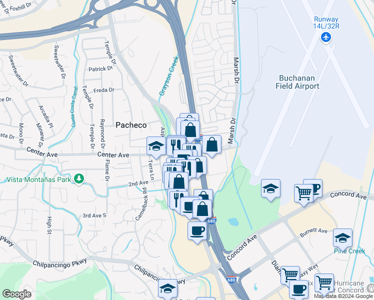 map of restaurants, bars, coffee shops, grocery stores, and more near 5831 Pacheco Boulevard in Pacheco