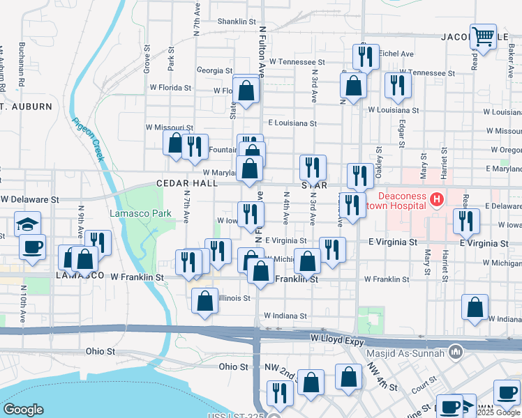 map of restaurants, bars, coffee shops, grocery stores, and more near 615 North Fulton Avenue in Evansville