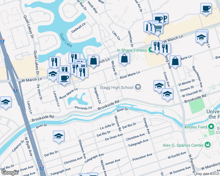 map of restaurants, bars, coffee shops, grocery stores, and more near 1990 Pontelli Court in Stockton