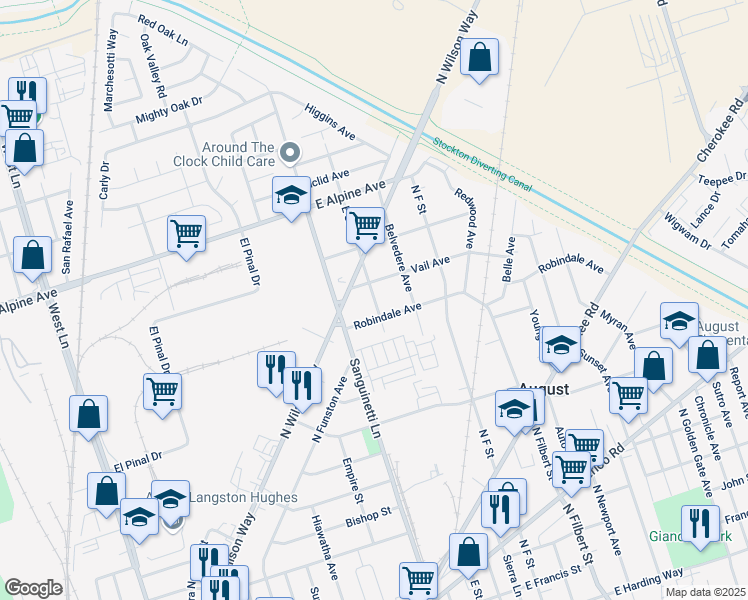 map of restaurants, bars, coffee shops, grocery stores, and more near 2835 North E Street in Stockton