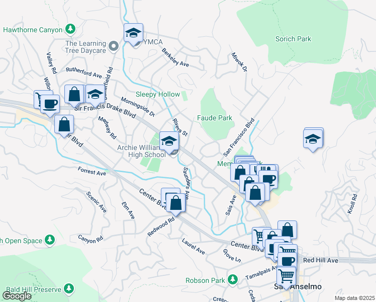 map of restaurants, bars, coffee shops, grocery stores, and more near 1222 Sir Francis Drake Boulevard in San Anselmo