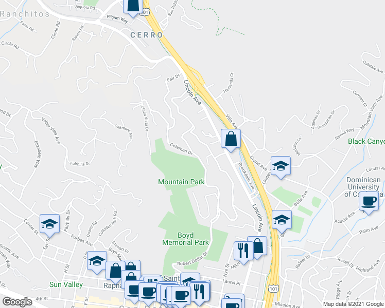map of restaurants, bars, coffee shops, grocery stores, and more near Coleman Drive in San Rafael