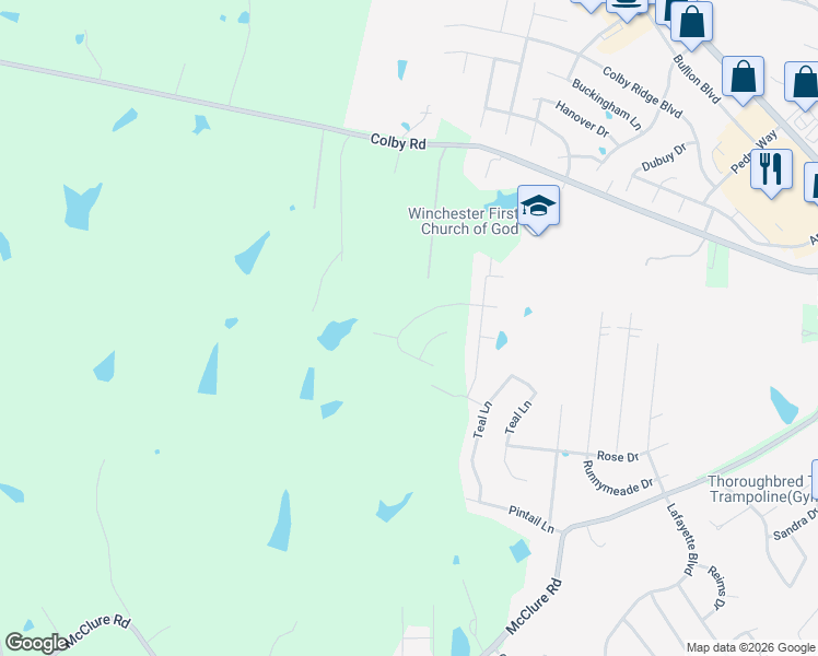 map of restaurants, bars, coffee shops, grocery stores, and more near 133 Gadwall Lane in Winchester