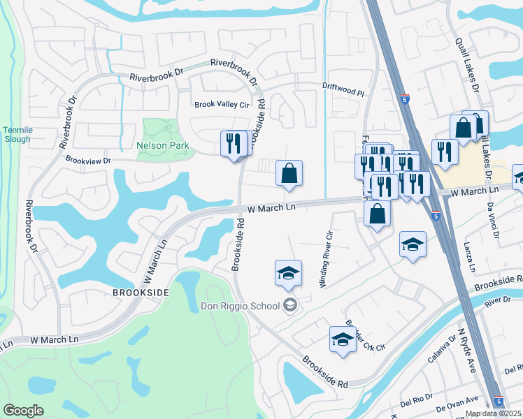 map of restaurants, bars, coffee shops, grocery stores, and more near 3252 West March Lane in Stockton