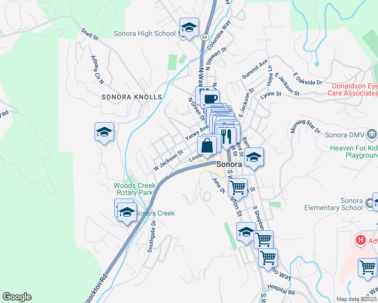 map of restaurants, bars, coffee shops, grocery stores, and more near 156 Bradford Street in Sonora