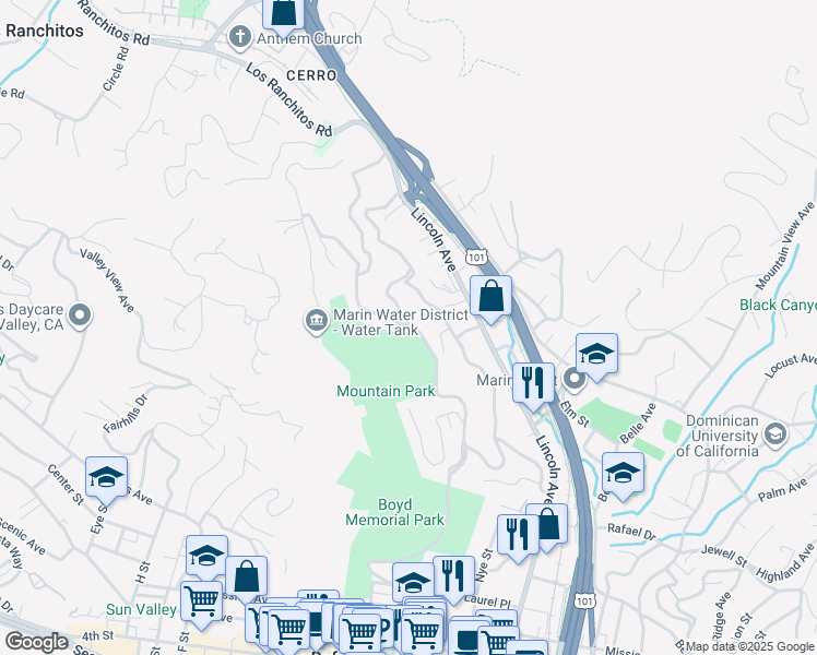 map of restaurants, bars, coffee shops, grocery stores, and more near Coleman Drive in San Rafael