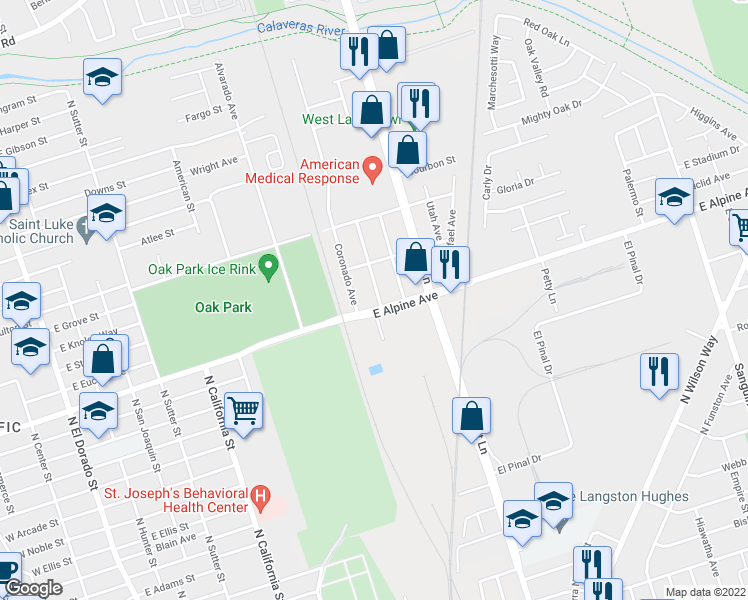 map of restaurants, bars, coffee shops, grocery stores, and more near 3315 San Mateo Avenue in Stockton