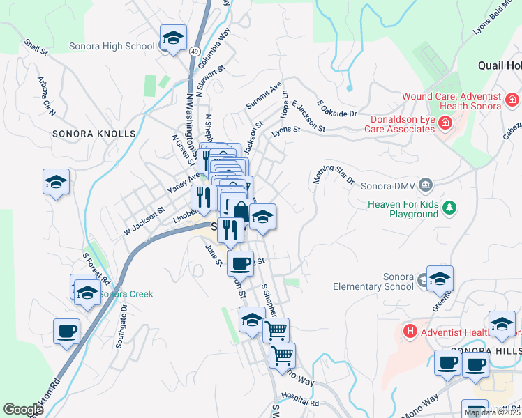 map of restaurants, bars, coffee shops, grocery stores, and more near 160 East Dodge Lane in Sonora