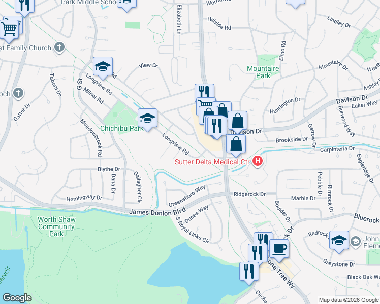 map of restaurants, bars, coffee shops, grocery stores, and more near 3530 Camby Road in Antioch