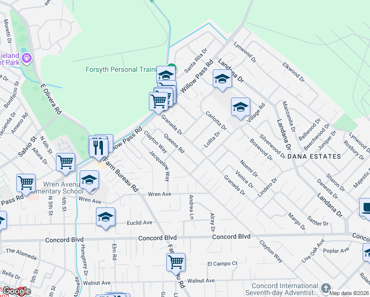 map of restaurants, bars, coffee shops, grocery stores, and more near 1873 Granada Drive in Concord