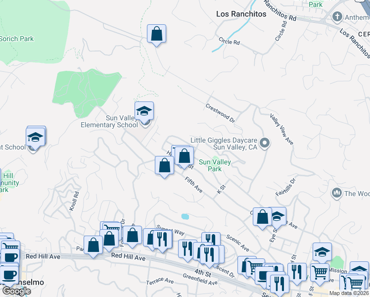 map of restaurants, bars, coffee shops, grocery stores, and more near 218 Alpine Street in San Rafael