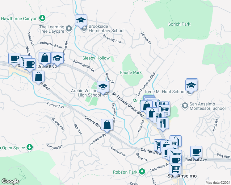 map of restaurants, bars, coffee shops, grocery stores, and more near 26 Cordone Drive in San Anselmo