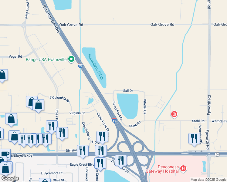 map of restaurants, bars, coffee shops, grocery stores, and more near 27 Sail Drive in Evansville