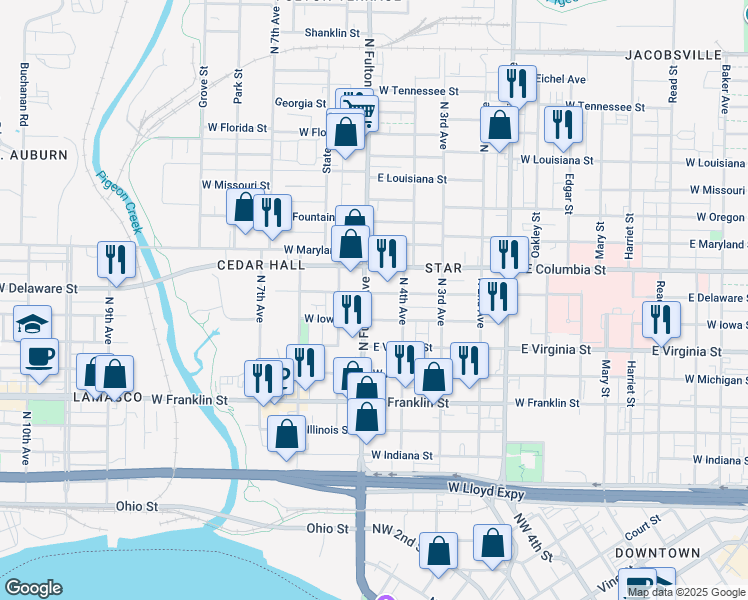 map of restaurants, bars, coffee shops, grocery stores, and more near 1130 West Columbia Street in Evansville