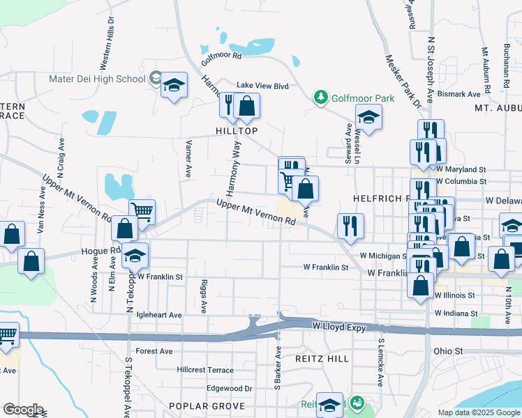 map of restaurants, bars, coffee shops, grocery stores, and more near 2908 West Delaware Street in Evansville