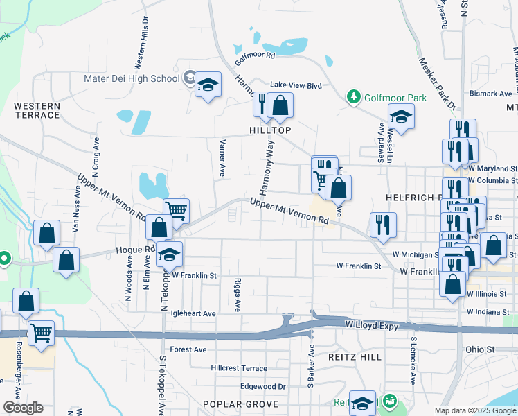 map of restaurants, bars, coffee shops, grocery stores, and more near 3101 Mount Vernon Avenue in Evansville
