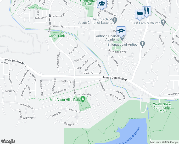 map of restaurants, bars, coffee shops, grocery stores, and more near 2204 Hamlin Drive in Antioch