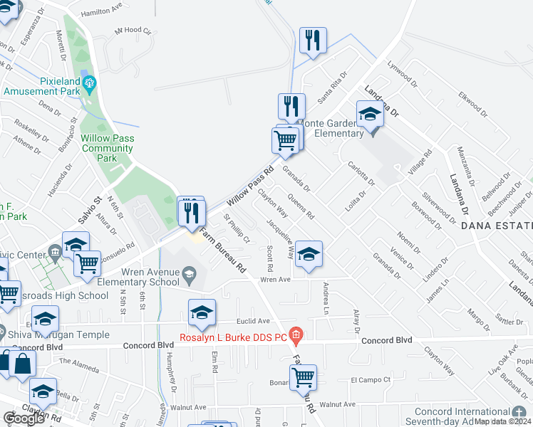 map of restaurants, bars, coffee shops, grocery stores, and more near 1942 Jacqueline Way in Concord