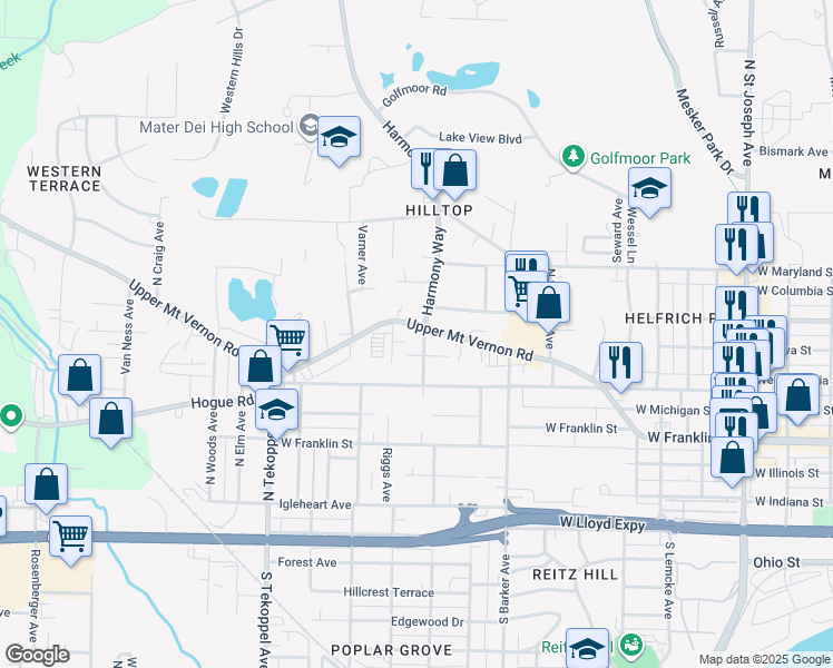 map of restaurants, bars, coffee shops, grocery stores, and more near 3101 Mount Vernon Avenue in Evansville