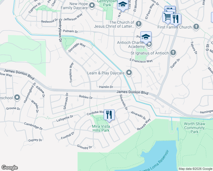 map of restaurants, bars, coffee shops, grocery stores, and more near 2208 Hamlin Drive in Antioch