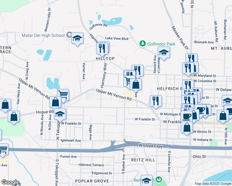 map of restaurants, bars, coffee shops, grocery stores, and more near 2908 West Delaware Street in Evansville