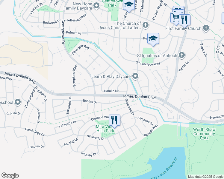 map of restaurants, bars, coffee shops, grocery stores, and more near 2208 Hamlin Drive in Antioch