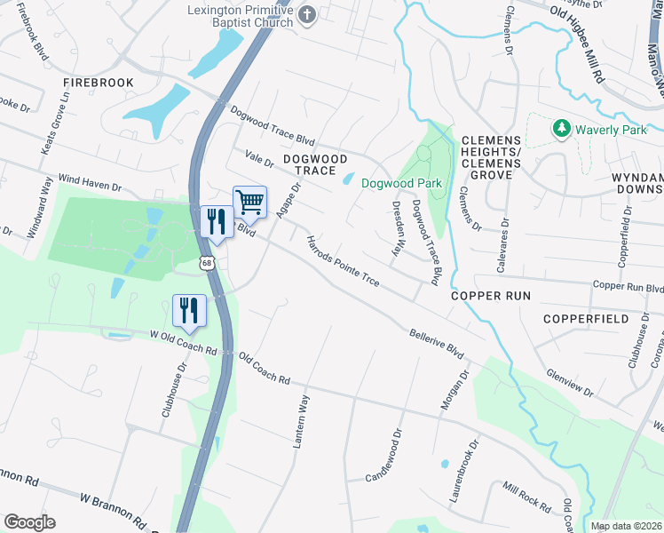 map of restaurants, bars, coffee shops, grocery stores, and more near 2382 Harrods Pointe Trce in Lexington