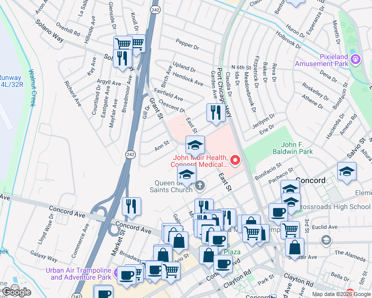 map of restaurants, bars, coffee shops, grocery stores, and more near 2700 Grant Street in Concord