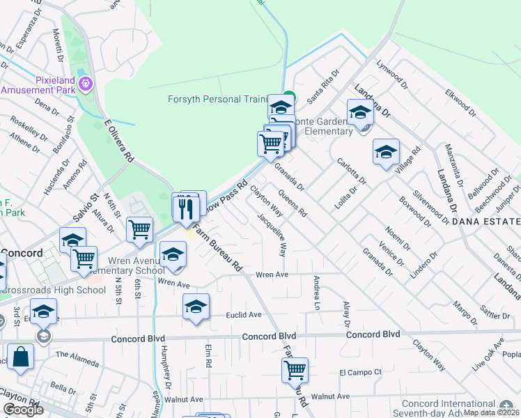 map of restaurants, bars, coffee shops, grocery stores, and more near 1942 Jacqueline Way in Concord