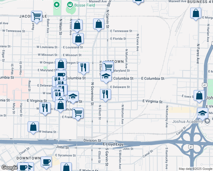 map of restaurants, bars, coffee shops, grocery stores, and more near 700 North Garvin Street in Evansville