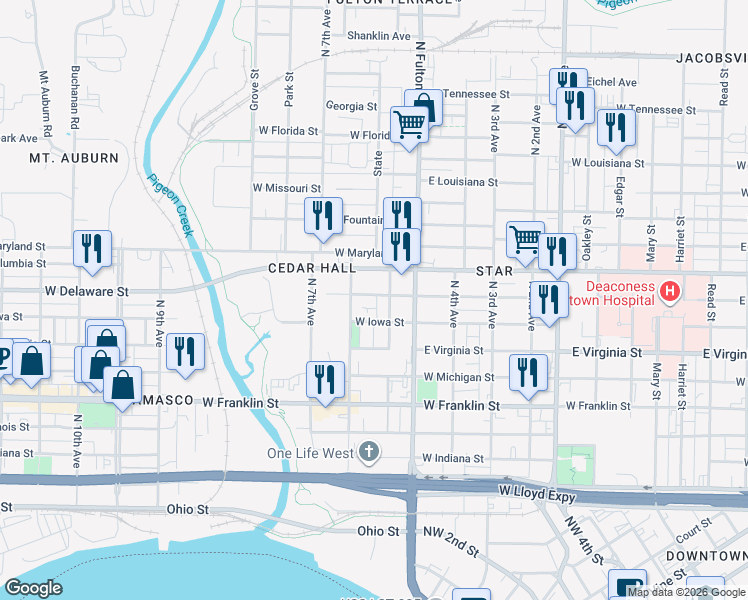 map of restaurants, bars, coffee shops, grocery stores, and more near 1325 West Delaware Street in Evansville