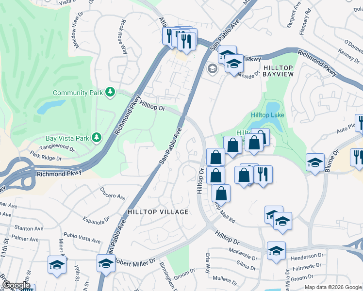 map of restaurants, bars, coffee shops, grocery stores, and more near 3762 Northridge Drive in Richmond