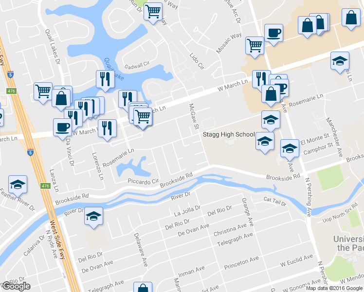 map of restaurants, bars, coffee shops, grocery stores, and more near 1918 Rose Marie Lane in Stockton