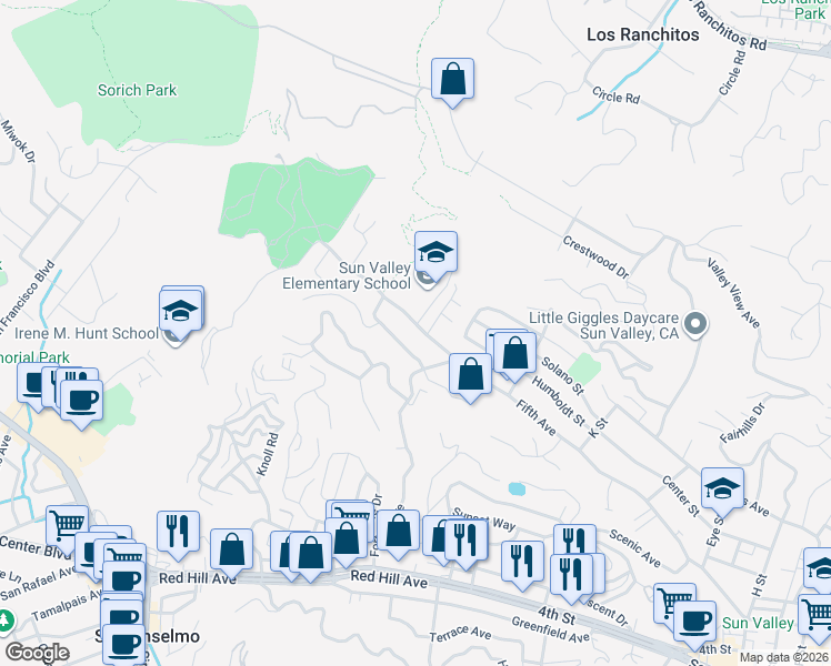 map of restaurants, bars, coffee shops, grocery stores, and more near 2327 Fifth Avenue in San Rafael