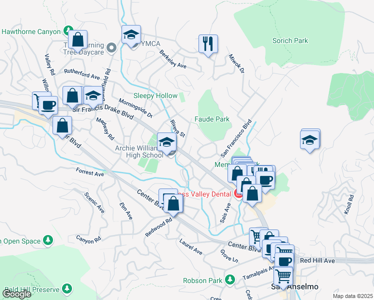 map of restaurants, bars, coffee shops, grocery stores, and more near 26 Cordone Drive in San Anselmo