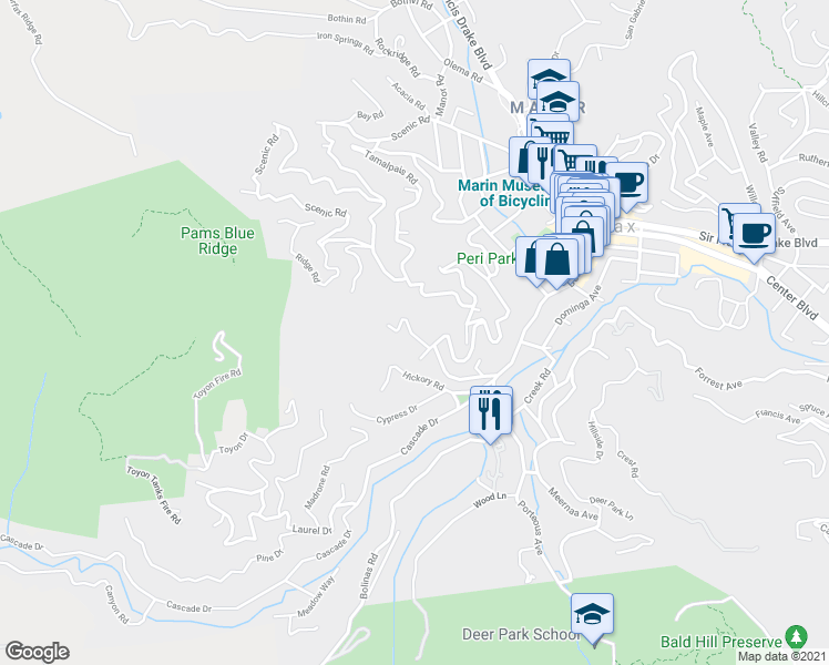 map of restaurants, bars, coffee shops, grocery stores, and more near 30 Valley Road in Fairfax