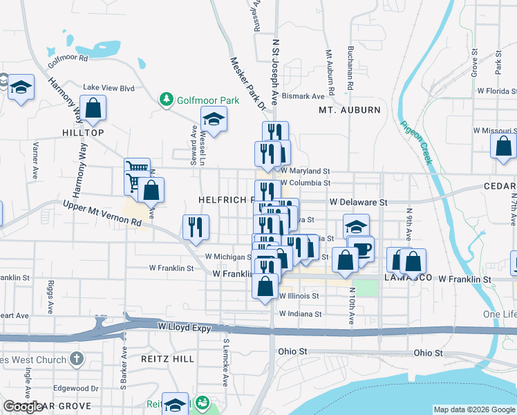 map of restaurants, bars, coffee shops, grocery stores, and more near 704 Hess Avenue in Evansville