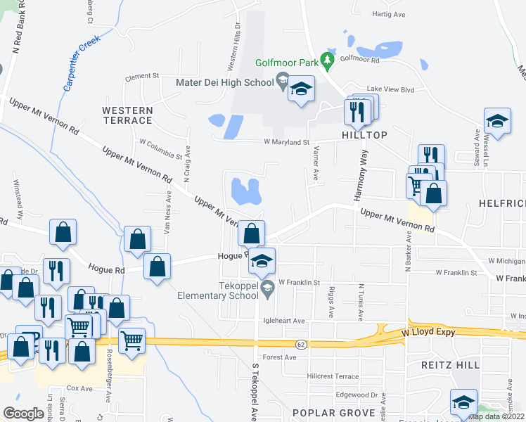 map of restaurants, bars, coffee shops, grocery stores, and more near 1013 Red Brick Court in Evansville
