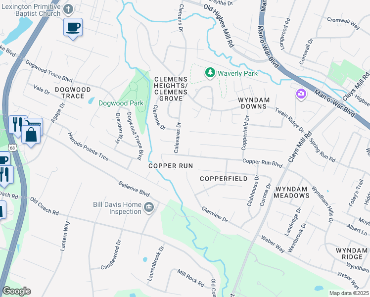 map of restaurants, bars, coffee shops, grocery stores, and more near 1432 Copperfield Court in Lexington