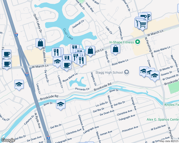 map of restaurants, bars, coffee shops, grocery stores, and more near 2125 Rose Marie Lane in Stockton