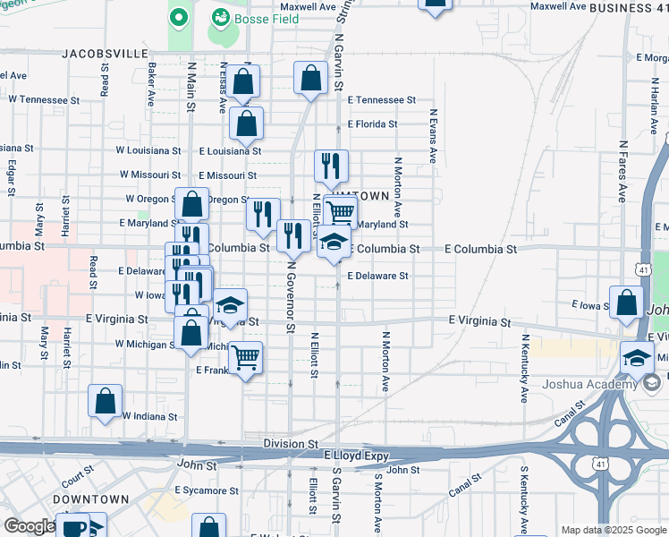 map of restaurants, bars, coffee shops, grocery stores, and more near 700 North Garvin Street in Evansville