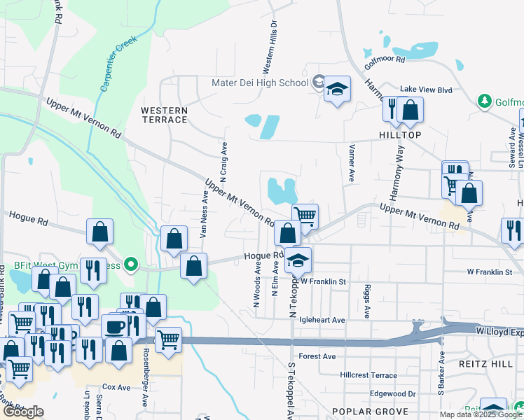 map of restaurants, bars, coffee shops, grocery stores, and more near 616 North Woods Avenue in Evansville