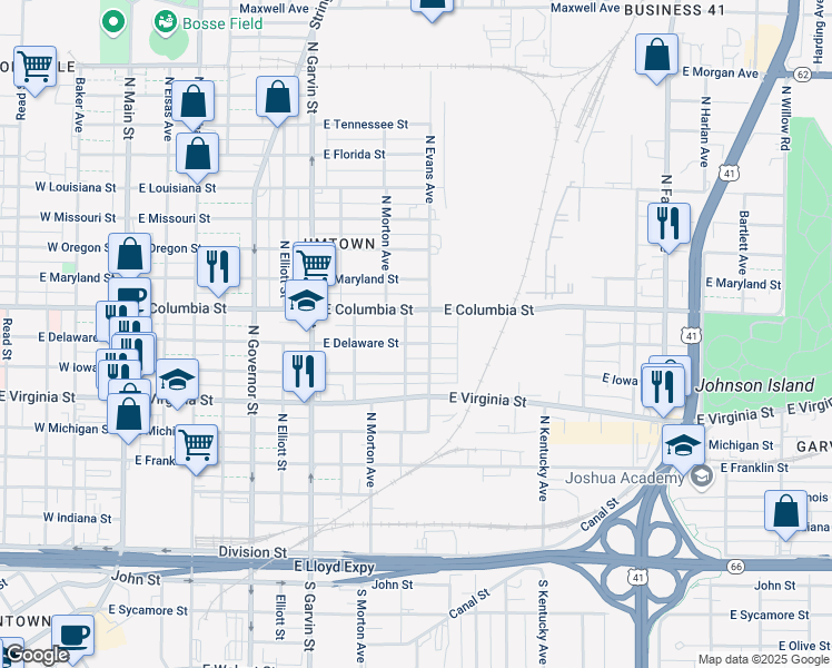map of restaurants, bars, coffee shops, grocery stores, and more near 801 East Columbia Street in Evansville