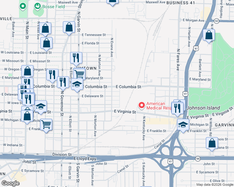 map of restaurants, bars, coffee shops, grocery stores, and more near 801 East Columbia Street in Evansville