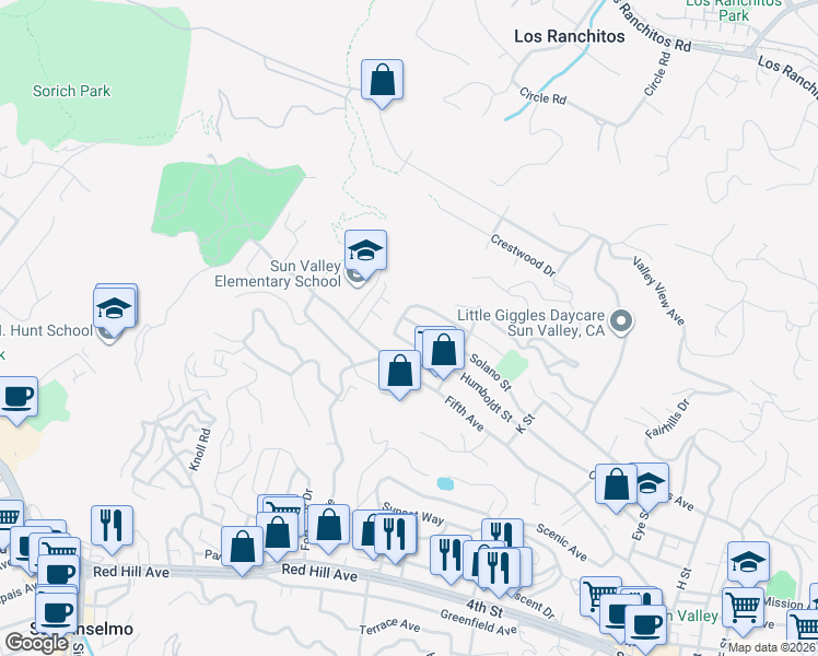 map of restaurants, bars, coffee shops, grocery stores, and more near 245 Alpine Street in San Rafael