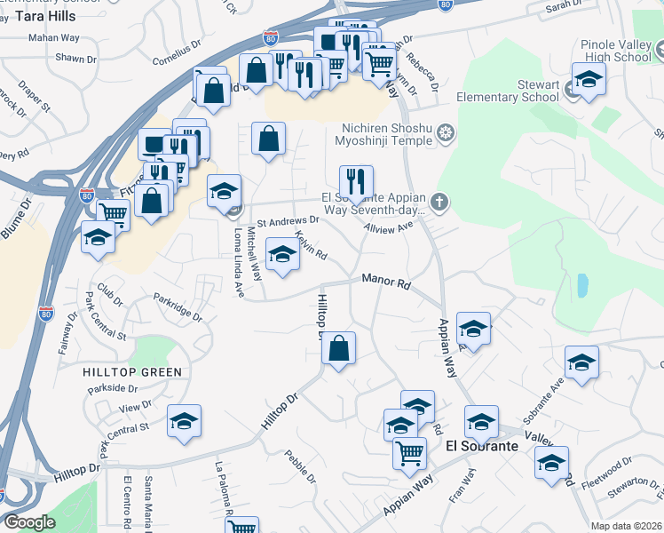 map of restaurants, bars, coffee shops, grocery stores, and more near 923 Kelvin Road in El Sobrante