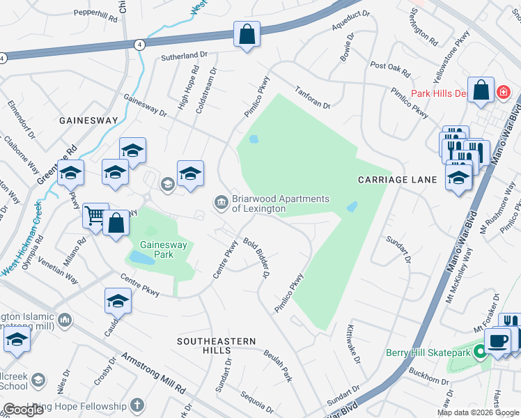 map of restaurants, bars, coffee shops, grocery stores, and more near 3467 Pimlico Parkway in Lexington