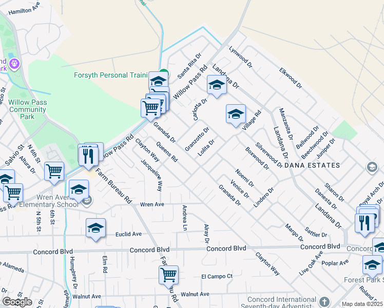 map of restaurants, bars, coffee shops, grocery stores, and more near 1860 Granada Drive in Concord