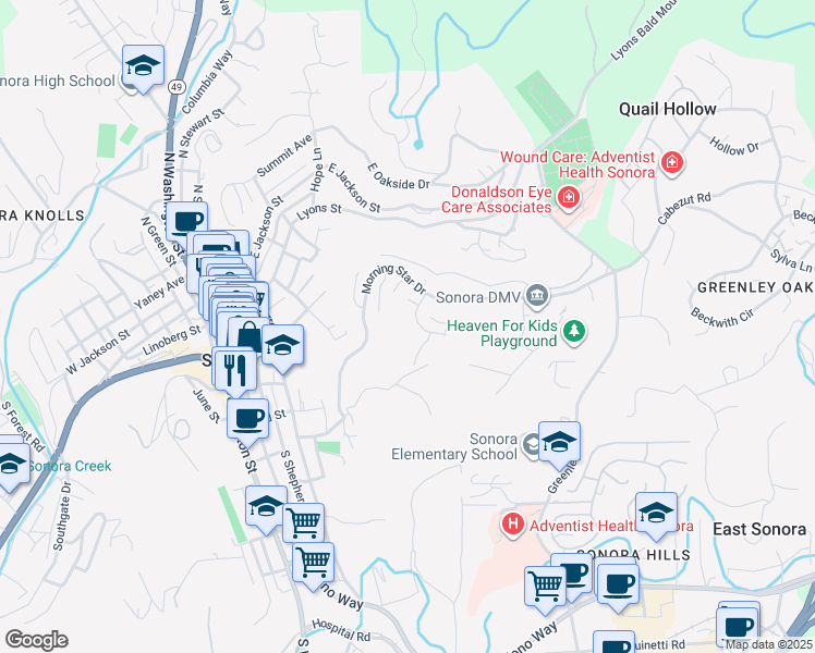 map of restaurants, bars, coffee shops, grocery stores, and more near 621 Daybreak Court in Sonora